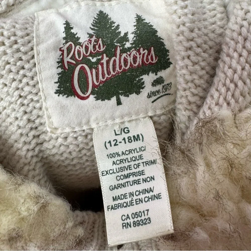 Roots outdoors sweater button up knitted fur trim hood kids unisex brown crochet